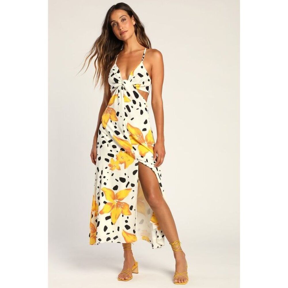 Lulus Tropical Treasure Ivory Floral Dot Print Twist-front Midi Dress White